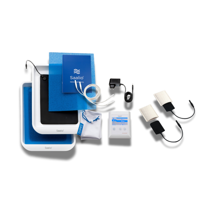 Collection of Saalio iontophoresis devices and accessories, including trays, cables, and a control unit, displayed on a white background.