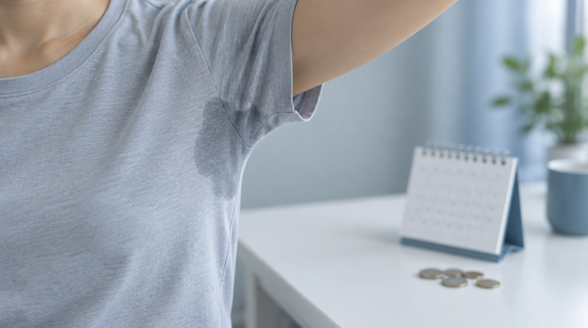 A grey t-shirt with an underarm sweat patch beside a notepad and coins, illustrating the ongoing cost of armpit Botox for sweating