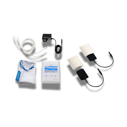 Saalio underarm iontophoresis device and accessories, including a control unit, cables, and soft fleece pouches, displayed on a white background.